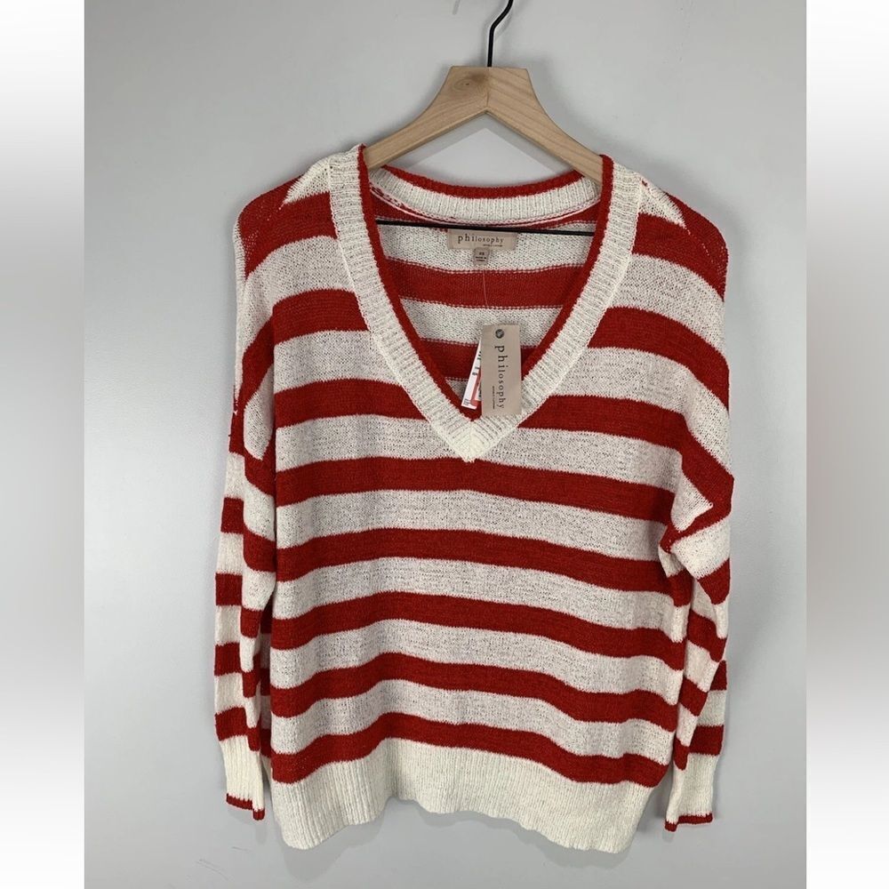 Women’s Philosophy Red/White Striped V Neck Sweater XS NWT